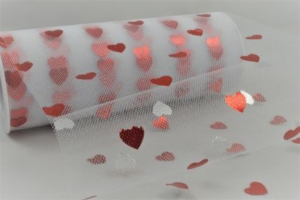 Y924 - 150mm Bright Red Valentine hearts printed onto a White Nylon Tulle fabric  x 10mts