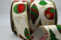 46067 - 63mm Wired edge Red Swirls Christmas design onto a Cream