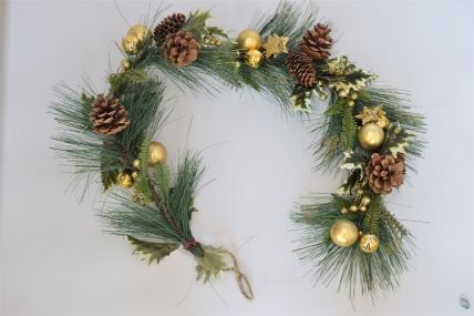 22004 - Gold Christmas Garlands with Pine Cones, Holly & Baubles. Length Apx 1m