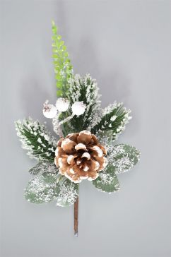 22013 - Snow covered pine cone and leaves - Christmas pick. Measures - 14cm Height x 10cm Width.