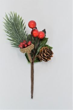 22015 - Holly, Red Berries & Pine Cone Christmas Pick. Measures - 10cm Height x 9cm Width