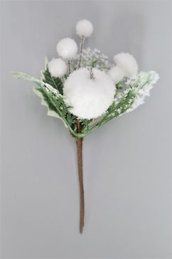 22022 - Snow Ball & Holly Leaf Christmas Pick. Measures - 18cm Height x 14cm Width.