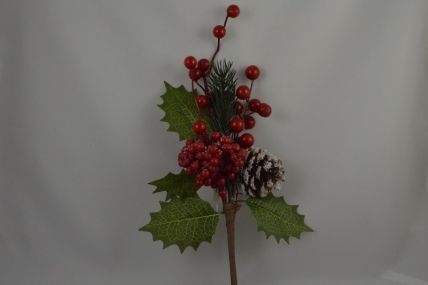 22040 - Bright Green leaves with a cone and frosted berry display Deco Pick.  