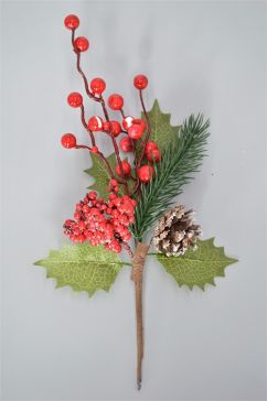 22040 - Bright Green leaves with a cone and frosted berry display Deco Pick.  Height 280mm  x  Width  140mm