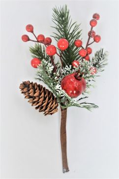 22057 - Traditional Pine cone and berries with a hint of snow - festive floral pick. Measures  Height 210mm  ,   Width  120mm 