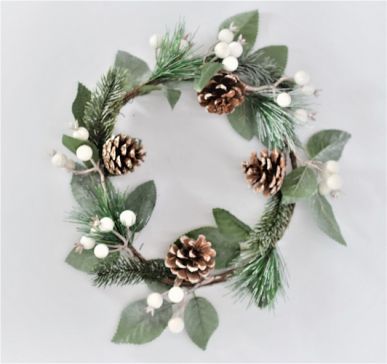 22058 - Wintery Christmas Wreath with pine needles and cones and white baubles with hints of sparkle. Measures  280mm diameter
