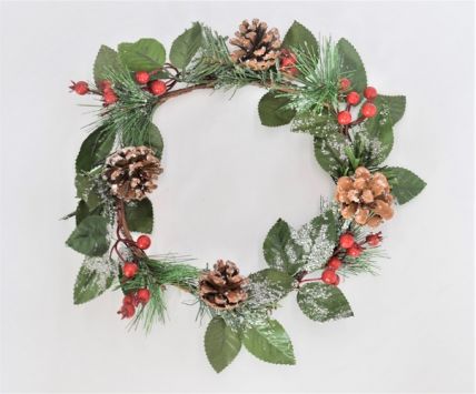 22059 - Festive Christmas Wreath with bright red berries, and snow dusted leaves and pine cones.  Measures  300mm diameter