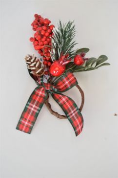 22061 - Christmas candle decoration with frosted pine needles, bright red berries and a lovely tartan bow. Measures  apx 110mm x 100mm