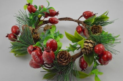 22078 - Wintery wreath. Vibrant green leaves, pine needles and cones with bright red berries floral display