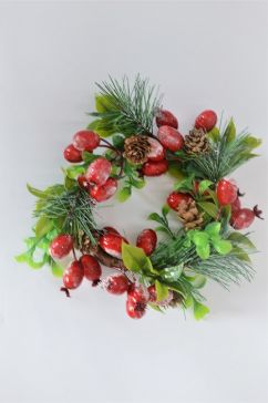 22078 - Wintery wreath. Vibrant green leaves, pine needles and cones with bright red berries floral display.  Size   Approx 230mm Diametera