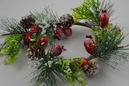 22079 -  Wintery wreath with a display of snowy pine needles, cones and large frosted berries. Floral decoration