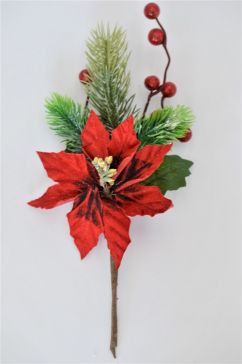 22082 - Green leaves , pine needles and fiery red flowers and berries- floral pick. Measures  Height 270mm  ,   Width  110mm 