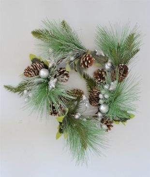 22084 - Small Wintery hanging wreath with frosted pine cones and sparkly baubles.  Approx Size:  30cm Dia