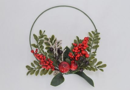 22089 -  Beautiful wintery wreath with lush red berries and green leaves embellished with snowy pine cone and branch. Size   Approx 24cm dia 