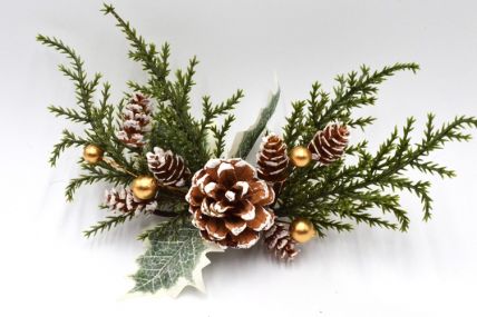 22092 -  A wintery collection of branches , snow covered pine cones and golden baubles deco pick.  Height 140mm  ,   Width  220mm   (Approx)