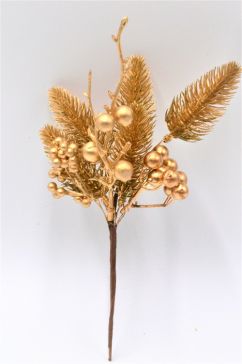 22096 - A golden delight.  Pine needles and berries make a lovely arrangement. Deco pick.  Size :  Height 240mm  x  Width  140mm