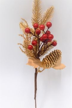 22097 - Golden pine needles and cone with a golden leaf, embellished with bright red berries deco pick.  Size :  Height 270mm  x  Width  140mm