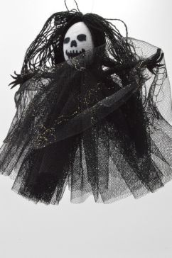 22103 - Small Halloween witch hanging decoration with long straggly hair and a black sheer shawl.  Height 13cms , Width  14cms  (Approx) 