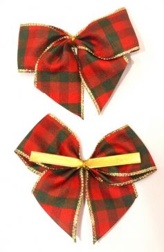 31176 - 40mm Hand tied Red and Green check Gold wired edge ribbon bow with a gold twist tie  (2 pieces in a pack)