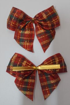 31177 - 40mm Hand tied Red, Green and Gold check wired edge ribbon bow with a gold twist tie  (2 pieces in a pack)
