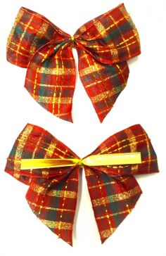 31177 - 40mm Hand tied Red, Green and Gold check wired edge ribbon bow with a gold twist tie  (2 pieces in a pack)