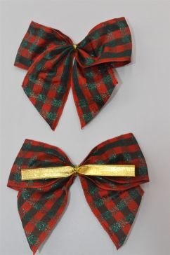 31178 - 40mm Hand tied Red and Green check wired edge ribbon bow with a gold twist tie  (2 pieces in a pack)