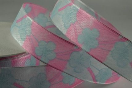 Y373 - 40mm Pink & Blue Wired Flower Printed Ribbon x 20 Metre Rolls!!