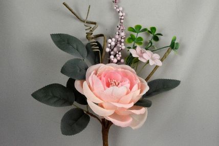 33008 - Soft Rose floral arrangement embraced with lush leaves and embellishments. Floral Pick