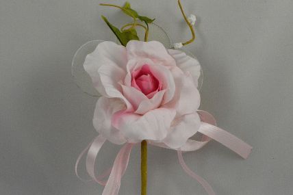 33014 - Delicate Pink rose floral arrangement with satin and organza bow and other embellishments. Floral Pick 