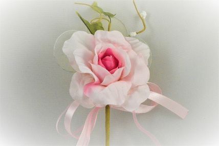 33014 - Delicate Pink rose floral arrangement with satin and organza bow and other embellishments. Floral Pick.  Height  18cms ,  Width 17cms  (approx) 