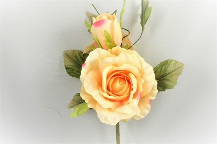 33015 - Blossoming Soft Peach roses in a lovely floral arrangement accompanied with lush green leaves. Floral Pick.  Height  21cms,  Width  15cms  (approx)