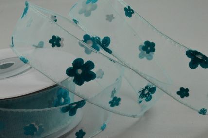 Y423 25mm Blue Wired Sheer Organza Floral Ribbon x 10 Metre Rolls! 