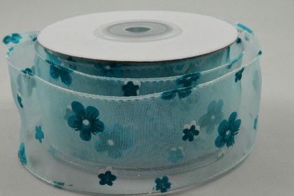 Y424 38mm Blue Wired Sheer Organza Floral Ribbon x 10 Metre Rolls! 
