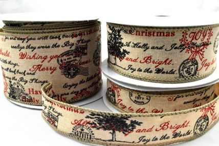 Y834 - 63mm Wired Burlap Merry Christmas Postal Ribbon x 10 Metre Rolls! 