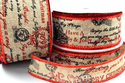 63mm Wired Merry Christmas Scroll Burlap Ribbon x 10 Metre Rolls!