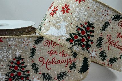 Y865 - 63mm Jute Natural wire edge ribbon with a festive Christmas message with reindeers and trees x 10mts