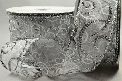 46059 - 38mm Wired Lurex edge sheer ribbon with a Glittery and Sparkly Christmas swirl design x 10mts!-01 Silver