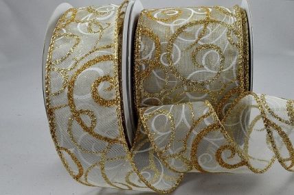 46059 - 38mm Wired Lurex edge sheer ribbon with a Glittery and Sparkly Christmas swirl design x 10mts!-02 Gold