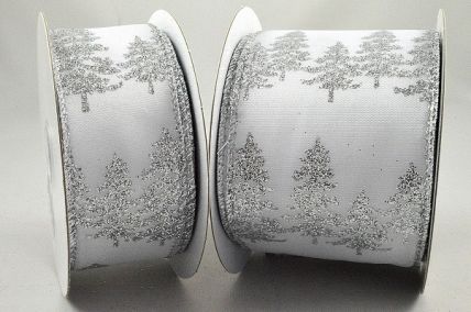 46062 - 63mm White Bright and Sparkly lurex wired edge ribbon with a Christmas tree wintery design x 10mts!