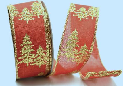 46062 - 38mm Red Bright and Sparkly lurex wired edge ribbon with a Christmas tree wintery design x 10mts!
