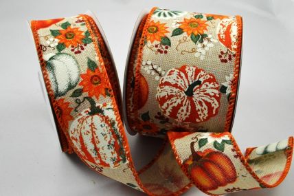46065 - 38mm/63mm Wired woven edge natural ribbon with a Pumpkin Halloween and Autumn design x 10mts