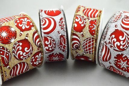 46066 - 38mm/63mm Bright Red and White Christmas Baubles with a hint of sparkle and a beautiful lurex wired woven edge x 10mts