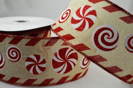 46067 - 63mm Wired Edge Red Swirly Christmas design onto a Cream ribbon with a detailed edge x 10mts