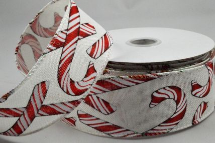 46068 38mm Festive Candy Stripe Printed design onto a natural wired edge ribbon