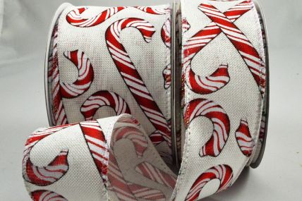 46068 38mm/63mm Festive Candy Stripe Printed design onto a wired edge natural ribbon  