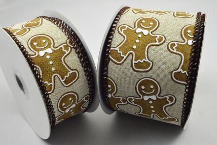 46069 38mm / 63mm Wired Natural Woven edge ribbon with a Festively fun Gingerbread man design and Chocolate coloured edge x 10m