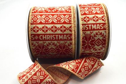 46070 38mm/63mm Natural Wired Edge woven ribbon with a Christmas message and snowflakes design x 10mts