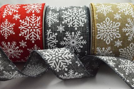 46071 - 38mm/63mm Woven wired edge natural feel ribbon with a Chilly White printed Snowflake design x 10mts