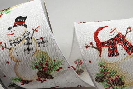 46072 - 63mm Wired edge woven ribbon Traditional printed Snow Man Christmas design x 10 Metre Rolls!
