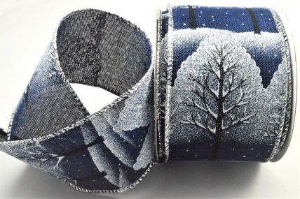 46073 - 63mm Wired woven edge Midnight Blue Wintery design with a detailed Silver edge ribbon x 10 Metre Rolls!